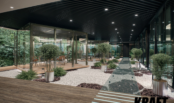 Projekt wnętrz biurowych z wykorzystaniem sufitów listwowych KRAFT oraz sufitów z płytą akustyczną KRAFT WoodAcoustic