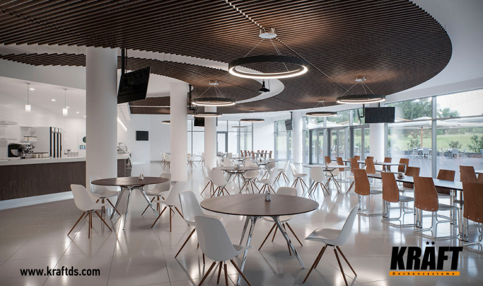 Projekt sufitu podwieszanego CRAFT we wnetrzu kawiarni, restauracji, jadalni