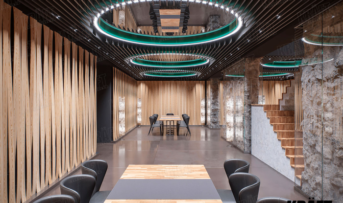 Wielopoziomowy designerski sufit podwieszany z listwy plaskiej CRAFT (sufit ekranowy) we wnętrzu restauracji, kawiarni, baru