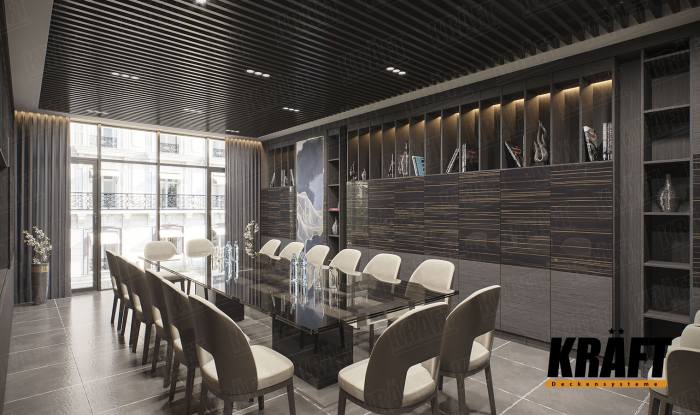 Wood, glass, metal - meeting room with a rail ceiling (+5 photos)