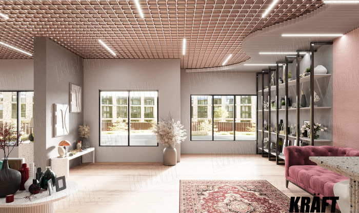 Pyramidal Open Cell Ceiling: The Art of Volume in Modern Interiors