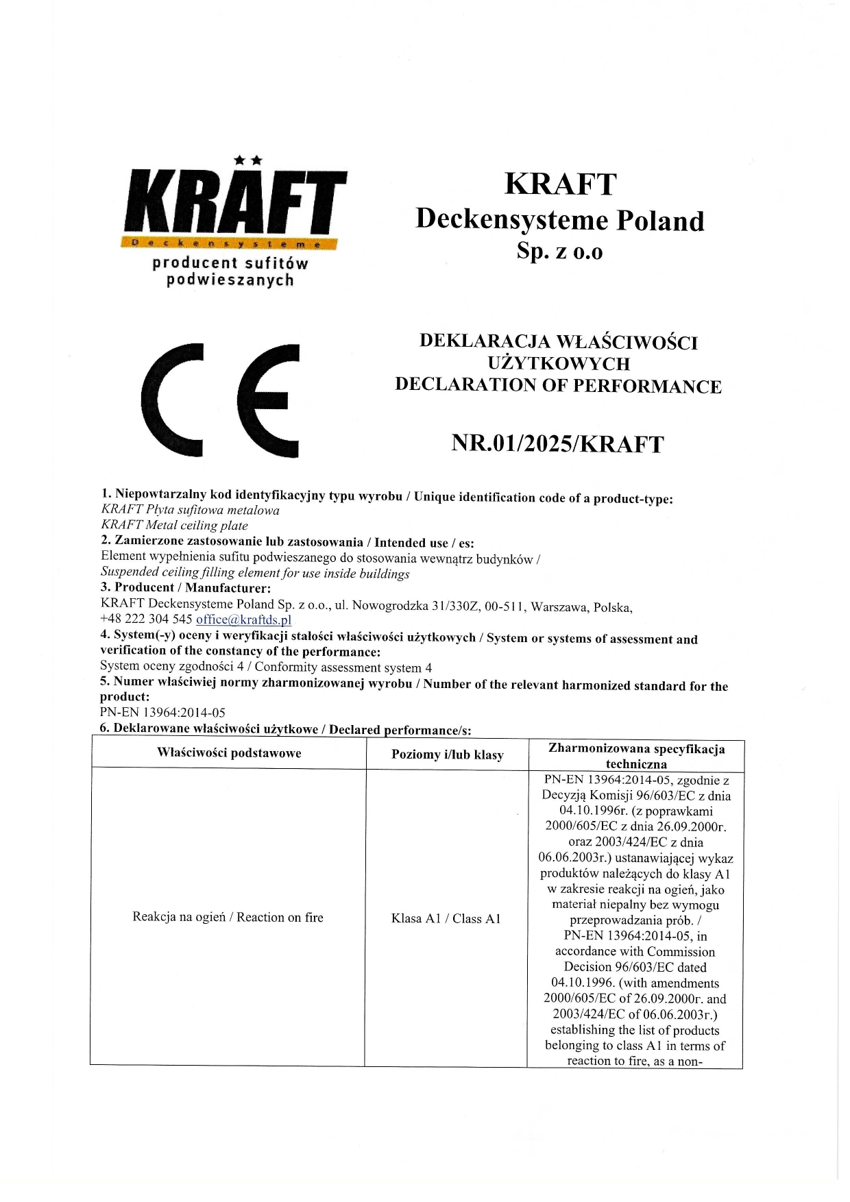 Deklaracja KRAFT Plyty metalowe